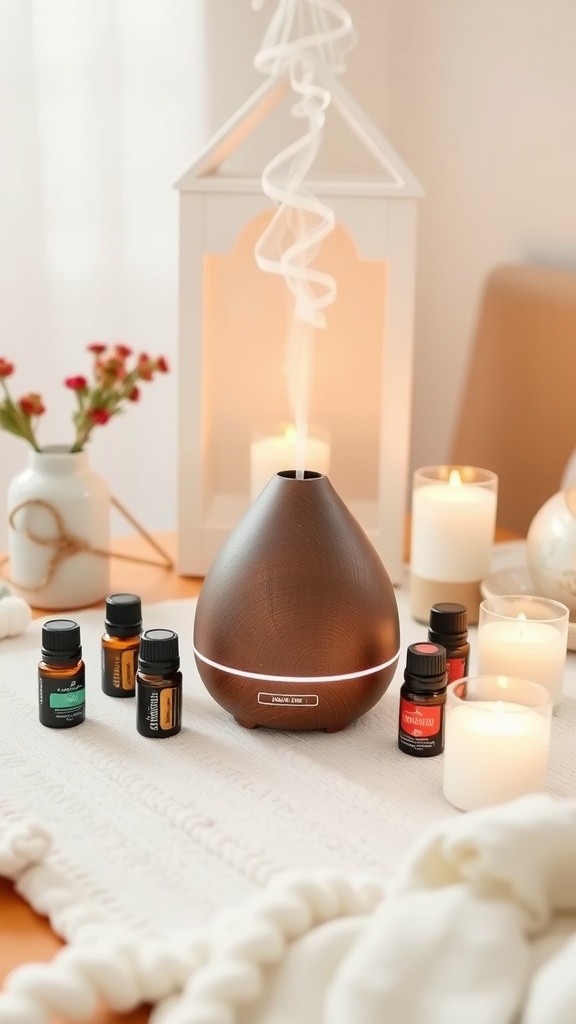 A cozy setting featuring an aromatherapy diffuser surrounded by essential oils and candles.