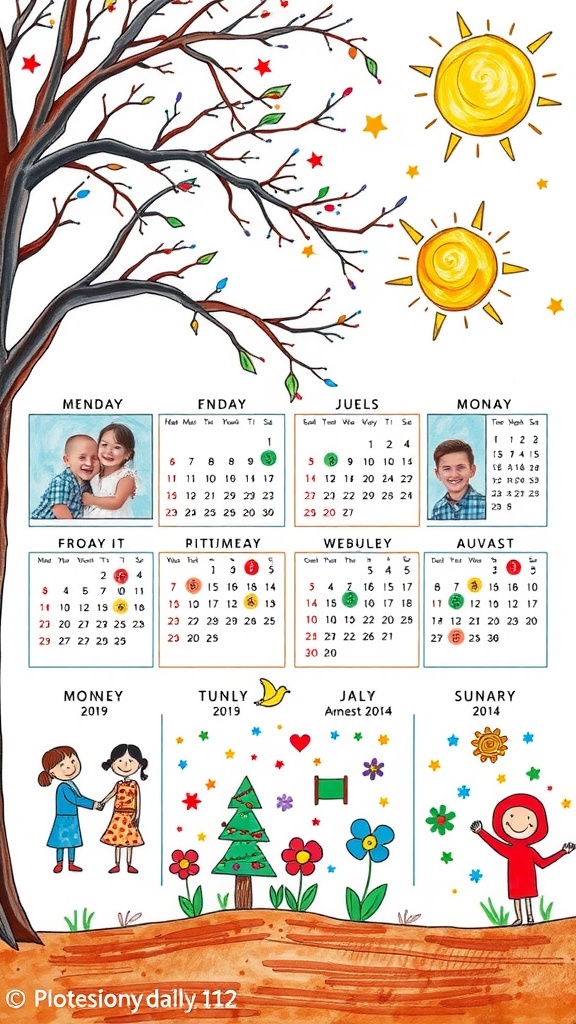 A colorful DIY calendar featuring family photos and playful illustrations.