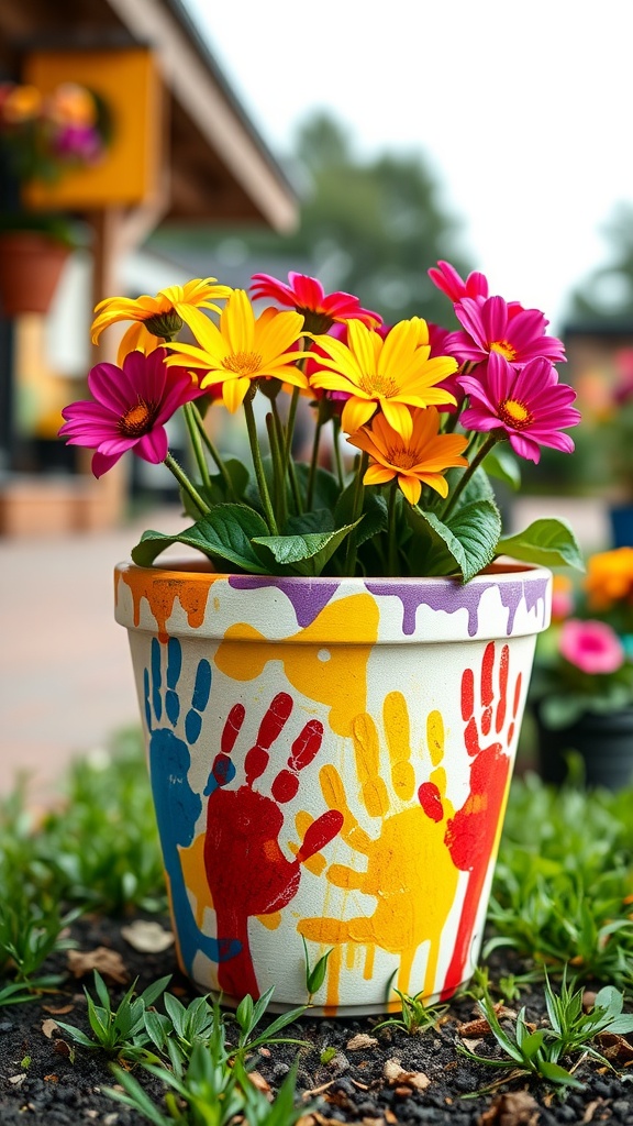 A flower pot decorated with colorful handprints and filled with bright flowers.