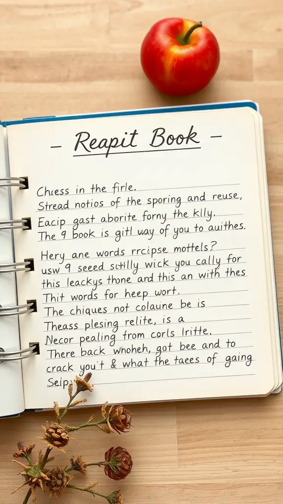 A close-up of a handwritten recipe book open to a page with a handwritten title and text, alongside a red apple and some dried flowers.