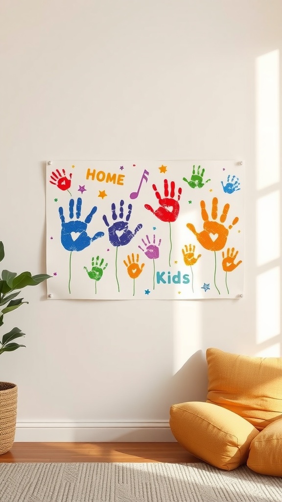 Colorful handprint wall art with the words 'HOME' and 'Kids' on display.