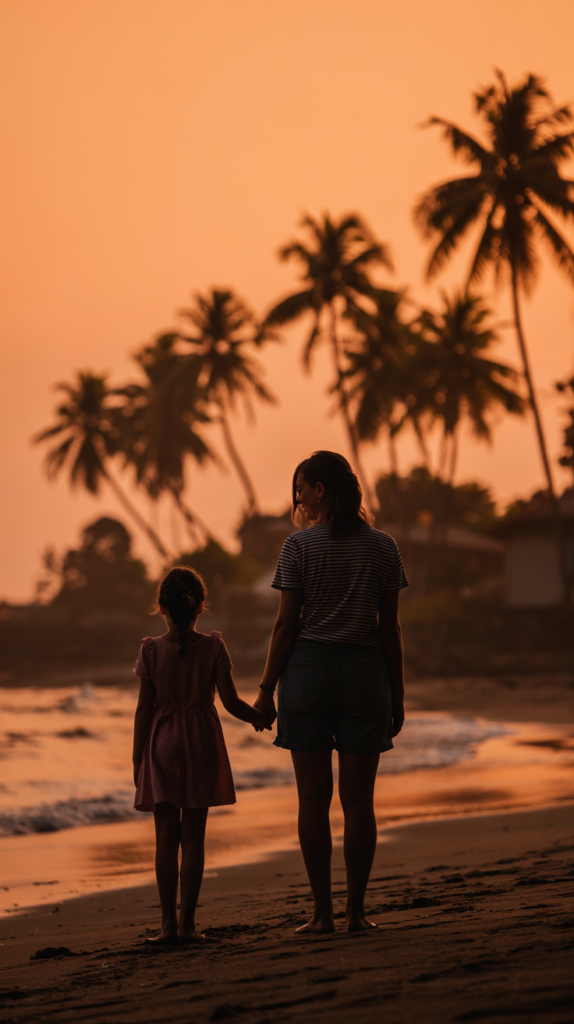 A silhouette of a mother and daughter holding hands at sunset on a beach, palm trees visible in the background