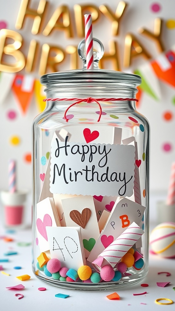 A decorated memory jar filled with colorful notes and fun decorations for a birthday celebration.