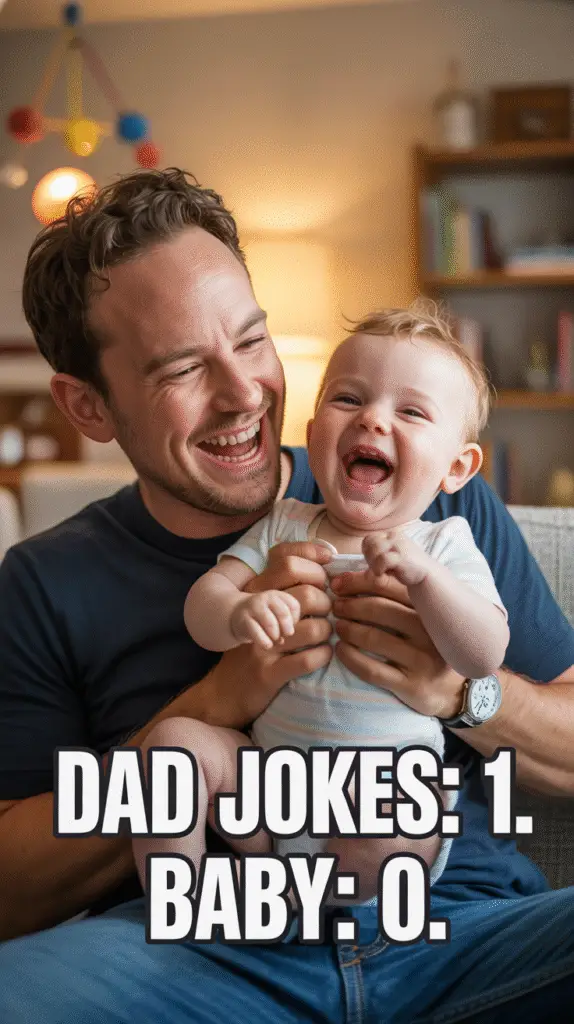 a-candid-joyful-photograph-captures-a-da_axwElbxiTcK2nkBf465Dug_kbQGRvsdQW6eYR4sT5sLTQ A silly photo of dad making baby laugh uncontrollablyâcaptioned in bold âDad jokes: 1. Baby: 0.â