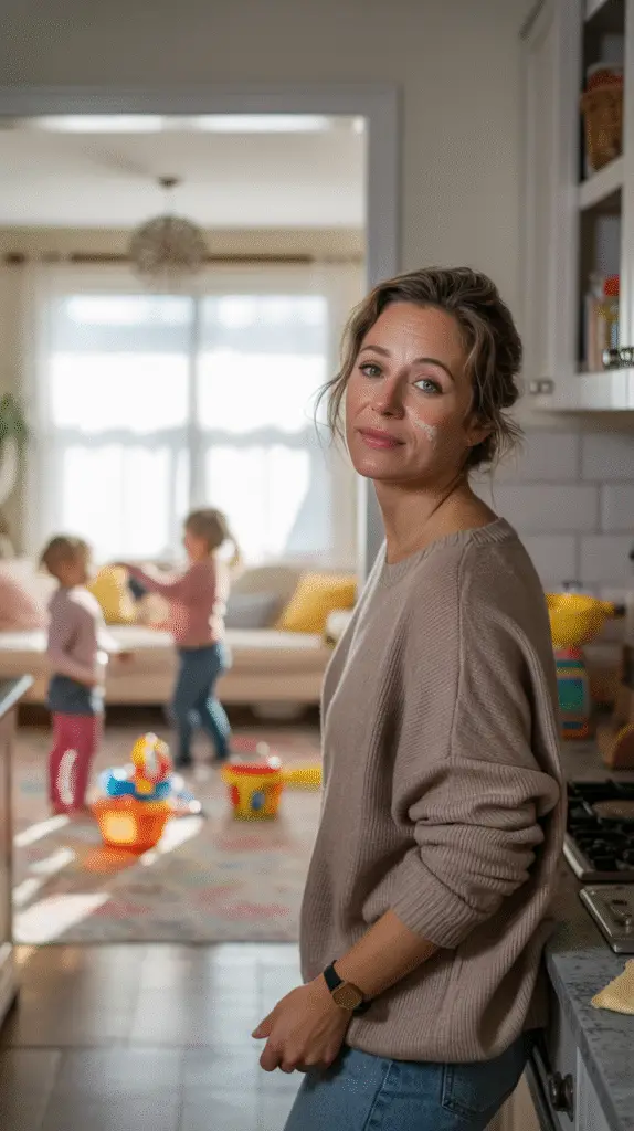 a-candid-lifestyle-photograph-captures-a_xMXm_43gTwa7xjdBlHpo8A_bbHH0htkTZ2LsqQ9EQbgTA Busy mom looking frazzled in kitchen with kids playing in background in the living room