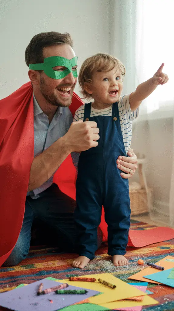 a-heartwarming-candid-photograph-capture_CsdITHbYR2KvclfP58A88g_ba-Apn7NTR-E-HduOuJzQw A dad wearing a handmade paper superhero mask and cape, designed by a toddler.