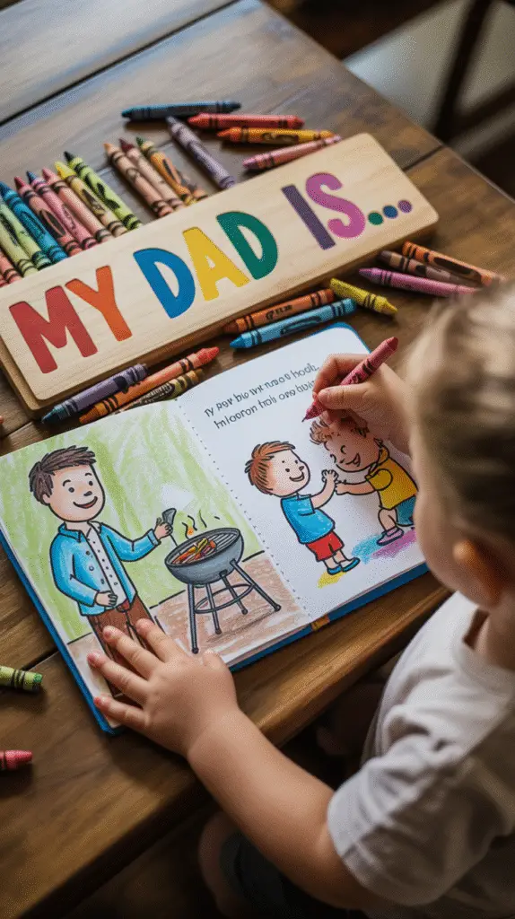 a-heartwarming-father-s-day-card-featuri_8Swk4jA9QACwU8B9T-L8Sw_OR0JcWGFQ5yvgbBC7CHRnQ A handmade storybook open on a table with crayon drawings of “Dad” doing various things (grilling, playing, working).