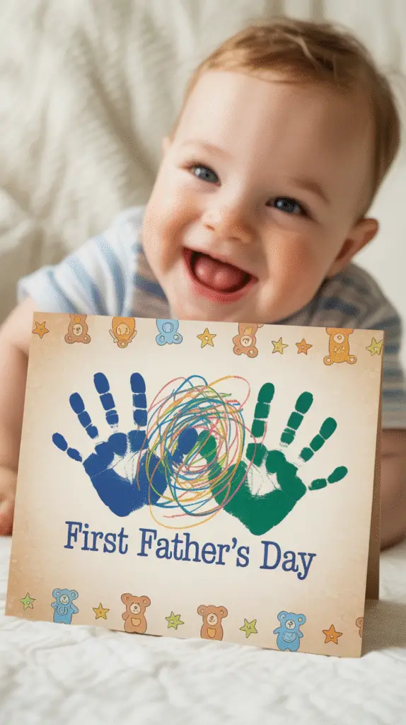 a-heartwarming-first-father-s-day-card-f_sILD0d78SpWCZNMaEHgEtg_v32l4Kd1QaaZzB-PP4bqdg A photo of a DIY first Fatherâs Day card âfrom the baby,â complete with cute handprints and gibberish baby scribbles.