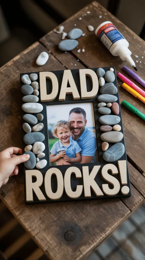 a-heartwarming-slightly-rustic-photograp_a8ODqb7gS6G7SuUGLKjAHw_BKGuQeo2TweqcM9_XCU4TQ A photo frame decorated with small rocks and pebbles, with a picture of a smiling dad and toddler inside.