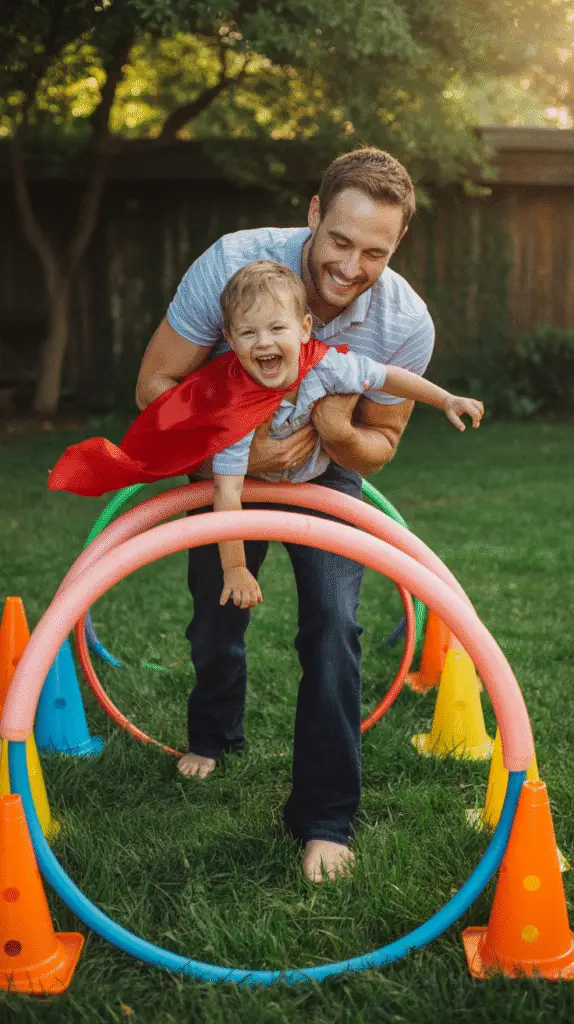 a-photograph-captures-a-heartwarming-bac_ixns0QpfTqSLZBfmXaZ8UQ_P7zhwHipSnCQtJZUq7tNiw A playful backyard scene where a dad carries a laughing toddler through a DIY obstacle course made from pool noodles, cones, and hula hoops