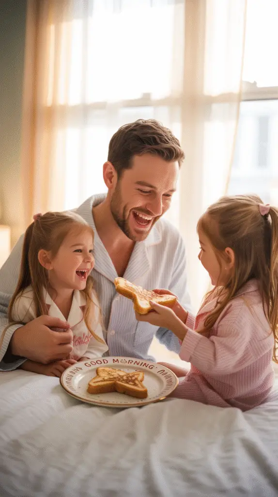 a-photograph-captures-a-heartwarming-mom_CDBjGUrdQA2yzfcvIEEgQw_-HABG_bpTziNNsRoSdyeBg Father smiling while eating breakfast in bed with two young daughters, one giggling as dad reacts to overly-spiced French toast
