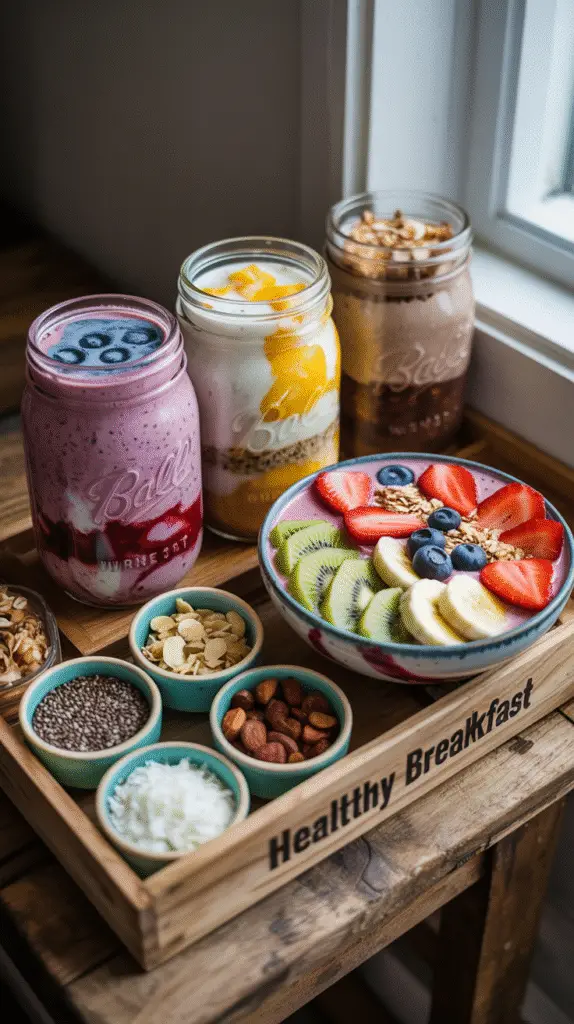 a-photograph-of-a-colorful-breakfast-spr_VM66iBFQQVa6YOleNrFSOw_otaShUoESXaVjQNQjmDsbw A colorful breakfast spread featuring three mason jars of different overnight oats varieties, a vibrant smoothie bowl topped with fresh fruit and granola, and a simple yogurt parfait station with toppings in small bowls