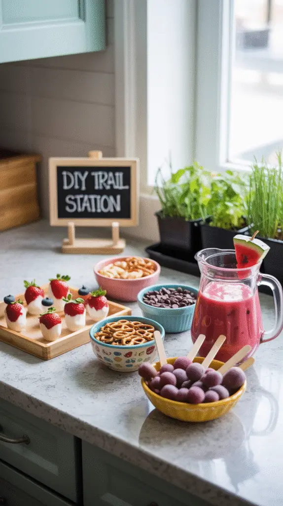 a-photograph-of-a-light-filled-kitchen-c_vyhdZctUT3GBvzuz90Va-Q_WAuxdRcZQ0C-ty_cLrLeDw "A kitchen counter with kid-friendly no-cook snacks: frozen grapes on popsicle sticks, yogurt-dipped berries on a tray, a DIY trail mix station with labeled ingredients, and decorative glasses of colorful smoothies with fresh fruit garnishes"