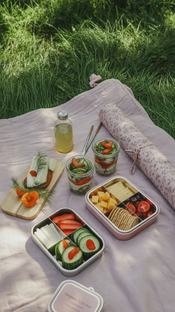a-photograph-of-a-neatly-rolled-picnic-b_nNvOof96TYOa4ksq_fgOxg_FCQQF_gVQLWDdjNAQMO43Q "A picnic blanket in shade with various no-cook lunch options: colorful wrapped sandwiches, salad jars with distinct layers, protein boxes with compartments for cheese/crackers/fruit, and cucumber rounds with toppings"