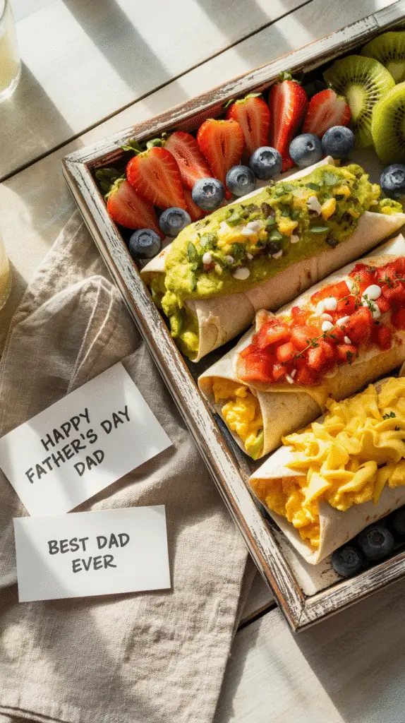 a-photograph-of-a-rustic-wooden-tray-ove_70G0I62dTLGzpTBVghKDaA_gV2u6rTMSkaD9WL6NkGY7A Father's Day breakfast spread featuring colorful breakfast burritos, fresh fruit, and handmade cards on a wooden tray