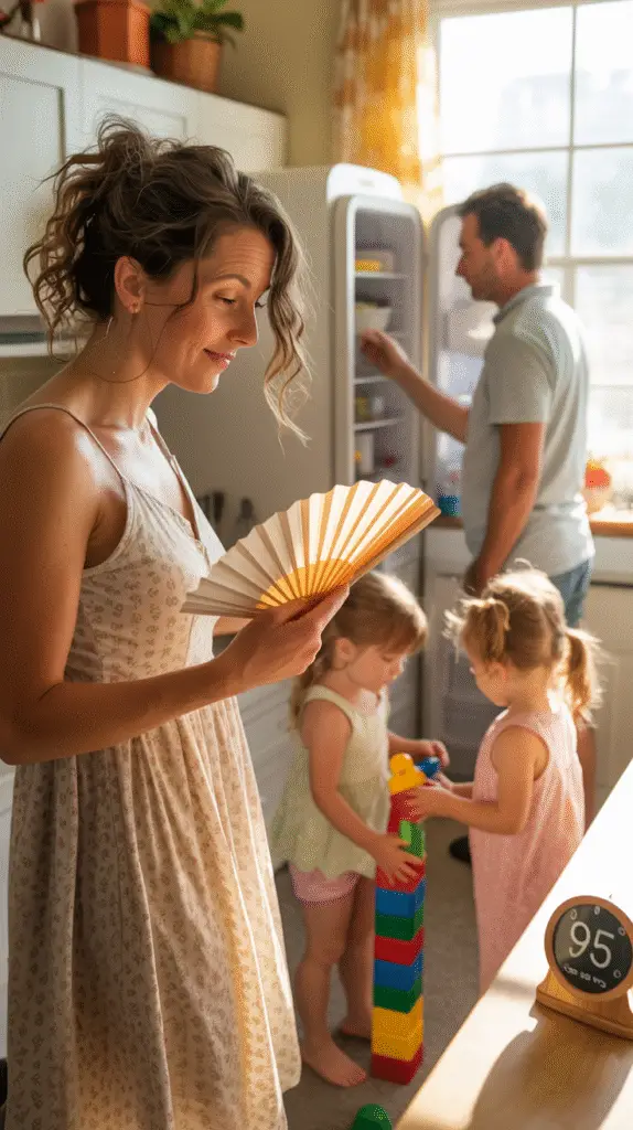 a-photograph-of-a-slightly-frazzled-mom-_G2w0ZOudRpyWQZ2h34izFA_aD_8mH3rRfOALBh89djzag A smiling but slightly frazzled mom in a bright summer kitchen, fanning herself