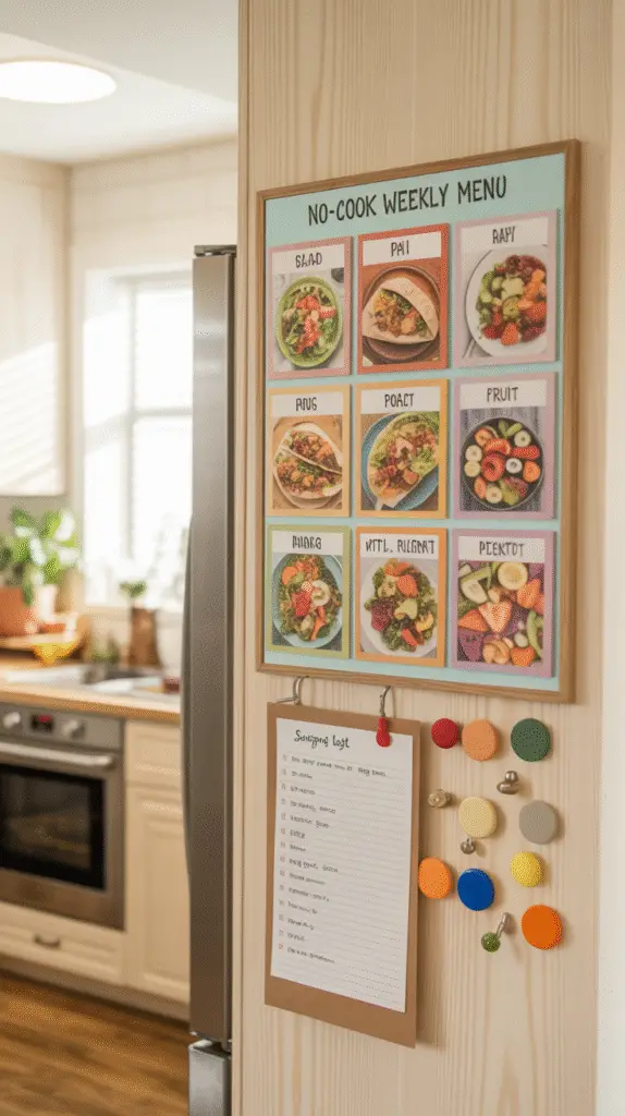 a-photograph-of-a-vibrant-weekly-meal-pl_ppm6r1g8S0KPOTyjXsroNg_VGMi6Ll8Qh-uSDDXbIh-VQ "A weekly calendar or meal planning board showing seven days of no-cook meals with bright, appetizing photos for each day, a shopping list attached with checkmarks, and colorful magnets organizing the weekly menu"
