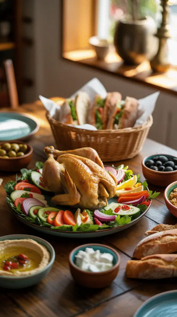 a-photograph-of-a-warmly-lit-wooden-dini_k_DJRsZTQl-r_6bvJj-XYg_aJKNU5VGSCiOOellj3qbxQ A picnic blanket in shade with various no-cook lunch options: colorful wrapped sandwiches, salad jars with distinct layers, protein boxes with compartments for cheese/crackers/fruit, and cucumber rounds with toppings