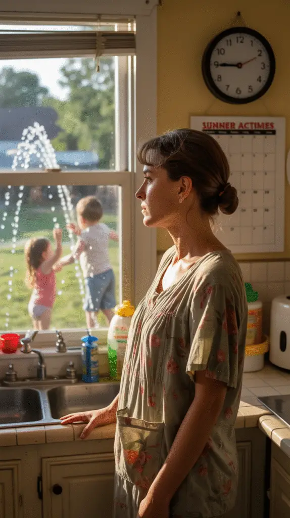 a-photograph-of-a-weary-mother-standing-_xZBnHVbmRcCWslZt57P8yA_WDKsjHRLTfWo5RgIdRShwQ An exhausted mom watching through a kitchen window as her children play in a sprinkler outside, sweat on her brow as she stands near a hot stove, calendar on the wall showing summer activities and a clock showing dinner time