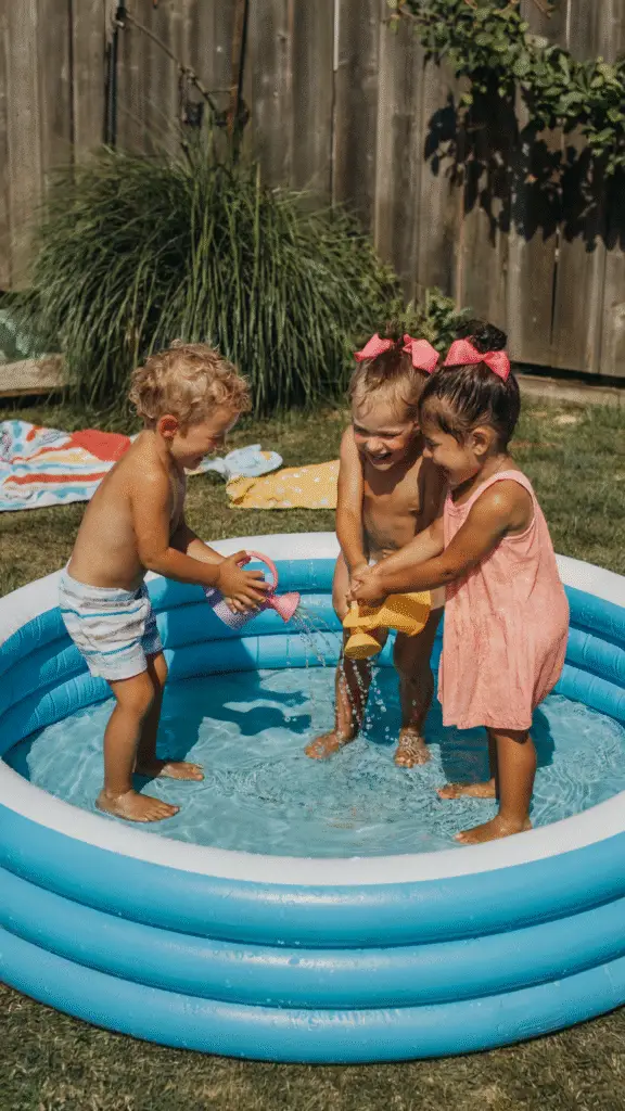 Children engaged in various backyard water activities on a sunny day, with laughter and splashes all around.