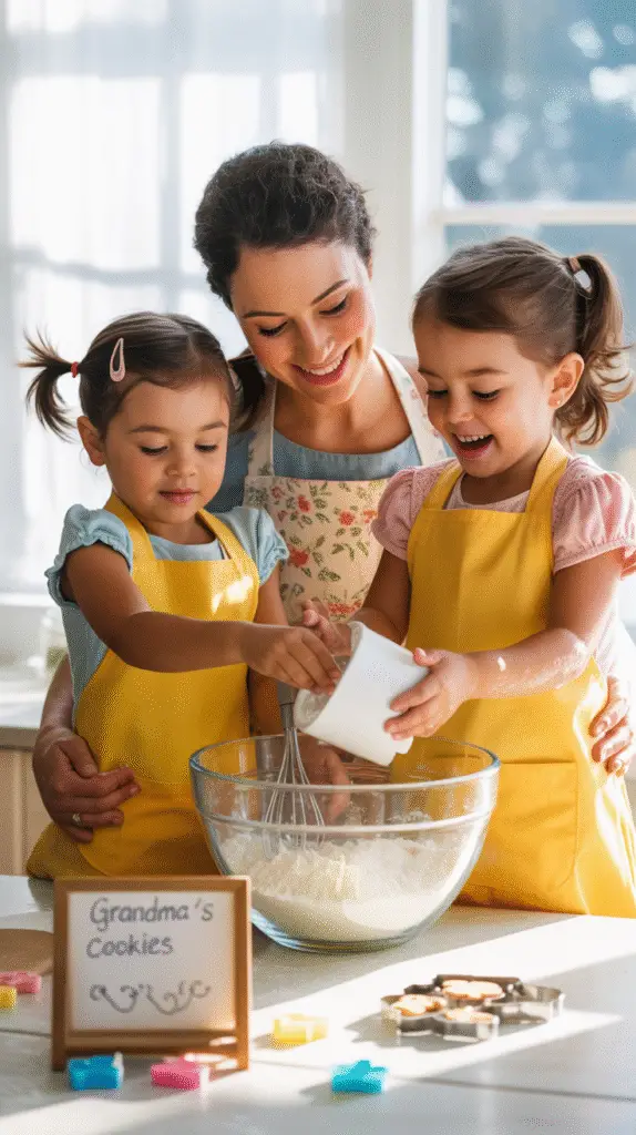 Two young girls safely measuring ingredients with mom supervising, all wearing colorful aprons in a bright kitchen"]