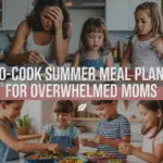 A split image Pinterest pin. The top half shows a stressed, overwhelmed mom with two young daughters in a hot kitchen, wiping sweat from her forehead while trying to cook at a stove.