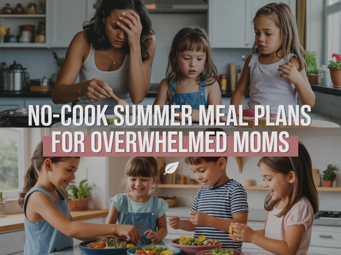 A split image Pinterest pin. The top half shows a stressed, overwhelmed mom with two young daughters in a hot kitchen, wiping sweat from her forehead while trying to cook at a stove.