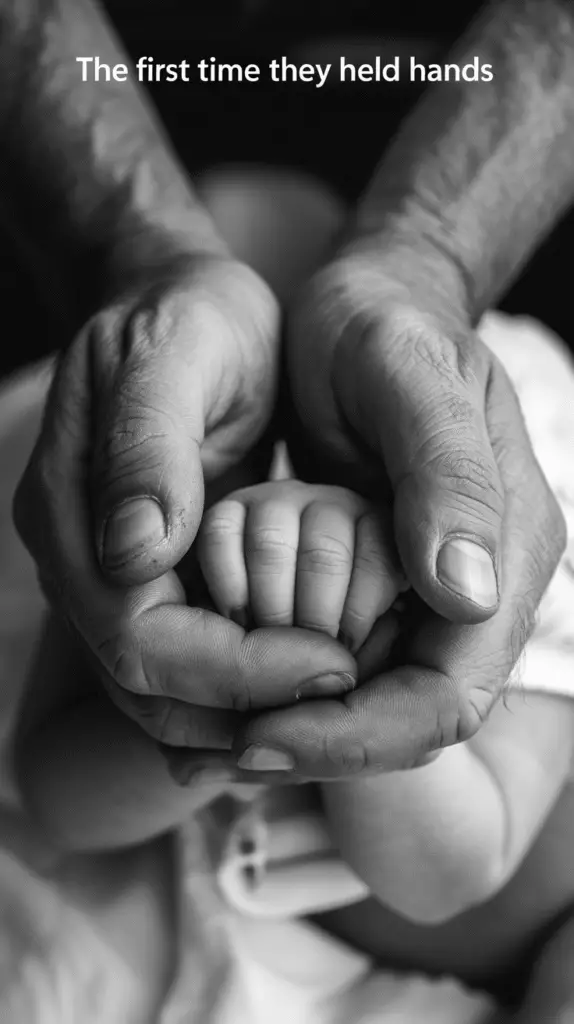 a-stark-black-and-white-portrait-photogr_7D933AxMSLOLOWQHSO0V_w_4x7WgkcNSDi0AqtEwSF6TQ A black-and-white close-up of dadâs hands holding babyâs tiny handâcaptioned âThe first time they held hands.