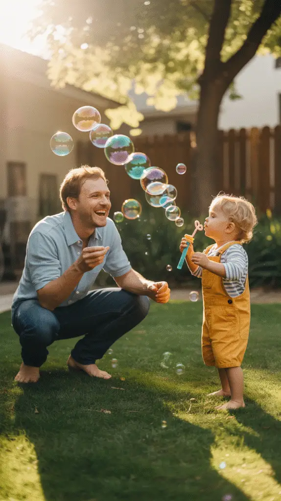 a-vibrant-candid-photograph-captures-a-h_7LUo0iIZQYmG3y4dcf-dfQ_vqD466oyQhGzbA1trKoSDA A dad crouched and laughing while trying to pop giant soap bubbles.