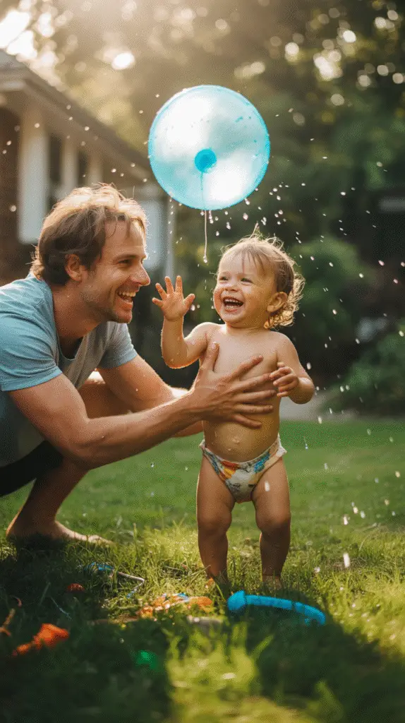 a-vibrant-sun-drenched-photograph-captur_hyE3ra1gSnGpLnXms3LDVQ_fCAdj4ozTUGHXdGfVN7z_Q A backyard scene showing a dad and toddler tossing a water balloon, caught mid-air. Both are laughing, a few popped balloons around them, grass wet from earlier throws. Summer vibes, bright and fun.