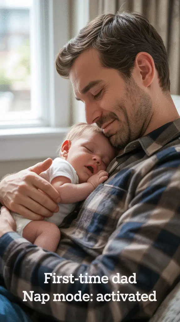 a-warm-intimate-photograph-captures-a-sl_PPdWaUl2RvmmQvja267z2w_R-jJV_khQYS_WcsOfIrRcA A cozy, candid photo of dad holding the baby on his chest, both asleepâcaptioned âFirst-time dad nap mode: activated.