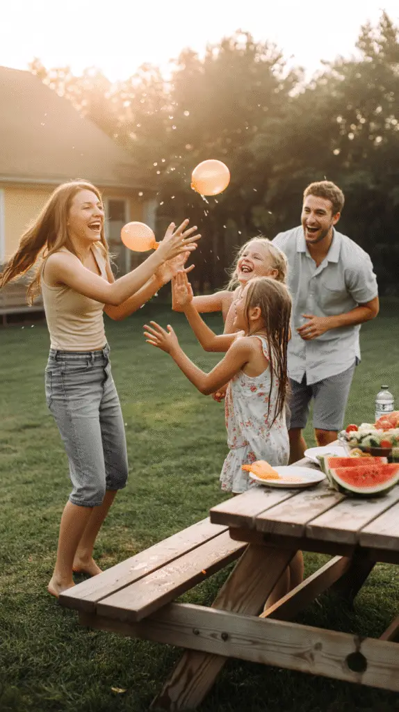 a-warm-nostalgic-photograph-captures-a-j_S9H0lcPpTDuBSPZ-JH1z8g_cTSSU2UoRV2BEUJtFCSL4g "A mom participating in a water balloon fight with her two daughters and husband in the backyard during sunset, with a simple no-cook dinner already set up on a picnic table in the background, everyone looking happy and carefree"