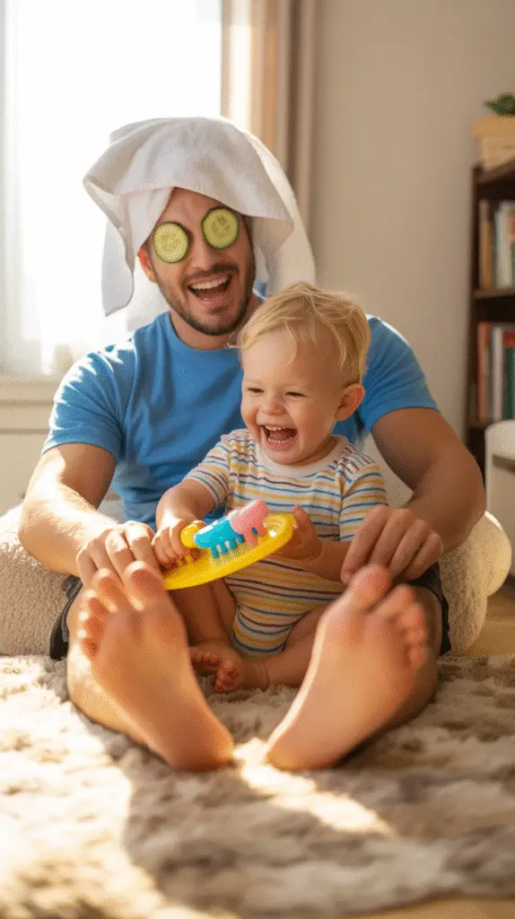 a-warmly-lit-candid-photograph-captures-_TfcTXTI5SUqcJTos869RUA_RbSA8wecRXOUKeM8ElEweA A hilarious scene of a dad sitting on a couch with a towel on his head, cucumbers over his eyes, while a toddler “massages” his feet or combs his hair with a toy brush.