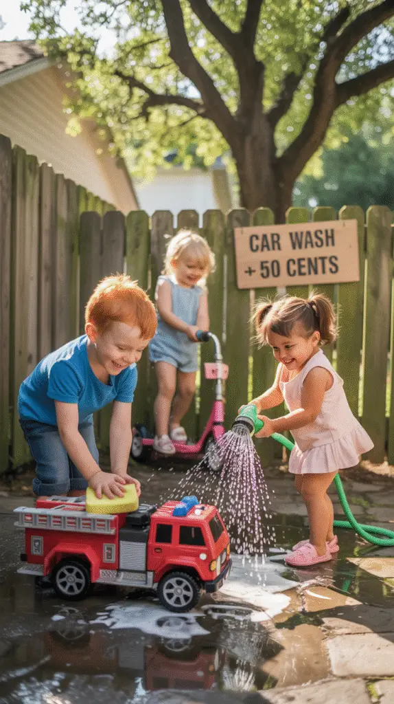 A group of young children washing their toy cars, tricycles, and scooters in a sunny backyard. The setup includes plastic buckets filled with soapy water, sponges, and a makeshift car wash sign made of cardboard.
