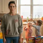 Busy mom looking frazzled in kitchen with kids asking for dinner in background