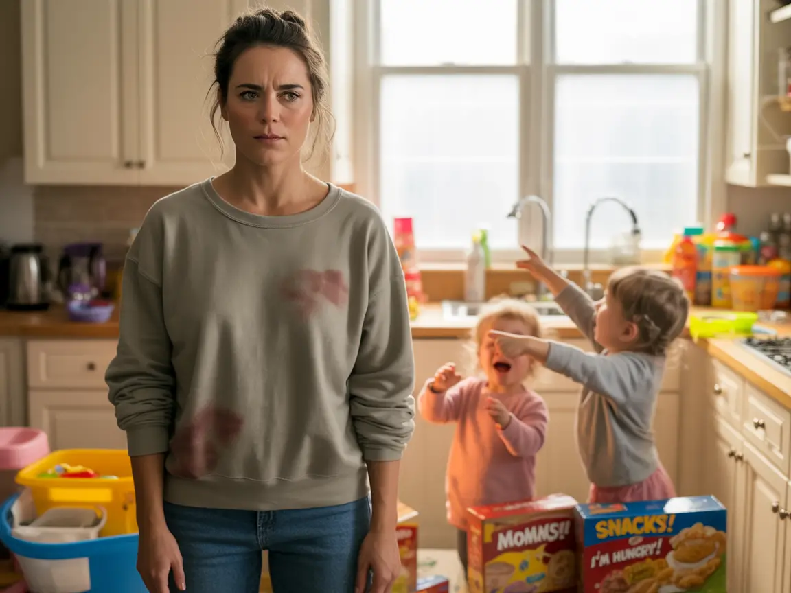 Busy mom looking frazzled in kitchen with kids asking for dinner in background