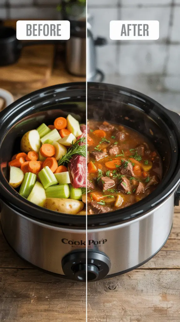 Before and after shots showing raw ingredients going into crock pot vs the finished, steaming meal]