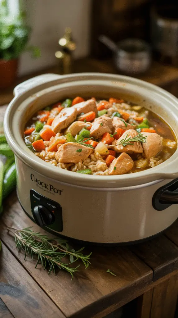 Crock pot filled with colorful ingredients - chicken, vegetables, and rice - ready to cook]