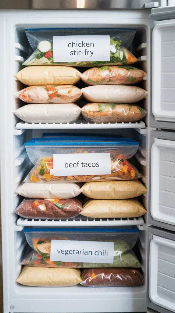 freezer-bag-meal-prep-organization.jpg Organized freezer with labeled freezer bags containing dump-and-go meal ingredients