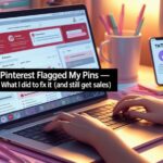 Realistic image of a cozy home office with a woman’s hands on a laptop showing a Pinterest analytics screen, coffee cup on the side, phone displaying TikTok, and pastel-colored stationery—captioned with the blog title “Pinterest Flagged My Pins — What I Did to Fix It (And Still Get Sales)