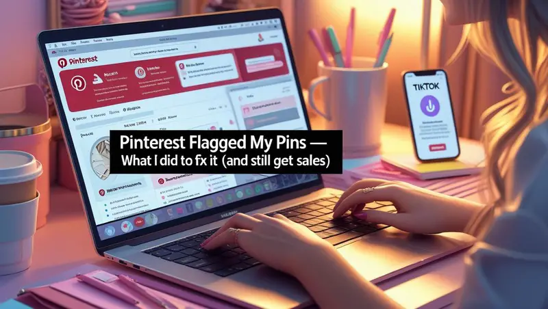 Realistic image of a cozy home office with a woman’s hands on a laptop showing a Pinterest analytics screen, coffee cup on the side, phone displaying TikTok, and pastel-colored stationery—captioned with the blog title “Pinterest Flagged My Pins — What I Did to Fix It (And Still Get Sales)