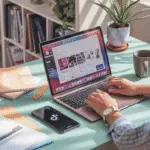 Photo‑realistic home‑office scene, sunlit desk, modern pastel palette. A woman’s hands on a laptop showing a Pinterest dashboard, phone beside it with TikTok logo, PLR planner pages scattered, coffee mug, plant. Add clean overlay text: ‘Faceless & Free: Sell Digital Products Without Showing Your Face’. Soft depth‑of‑field, inviting, lifestyle vibe.”