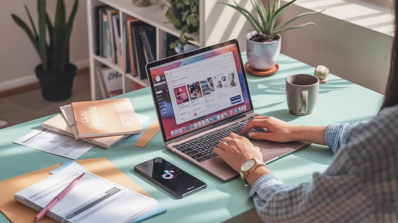 Photo‑realistic home‑office scene, sunlit desk, modern pastel palette. A woman’s hands on a laptop showing a Pinterest dashboard, phone beside it with TikTok logo, PLR planner pages scattered, coffee mug, plant. Add clean overlay text: ‘Faceless & Free: Sell Digital Products Without Showing Your Face’. Soft depth‑of‑field, inviting, lifestyle vibe.”