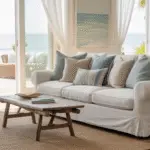 Stylish coastal living room with light furniture, natural textures, and soft beach-inspired colors