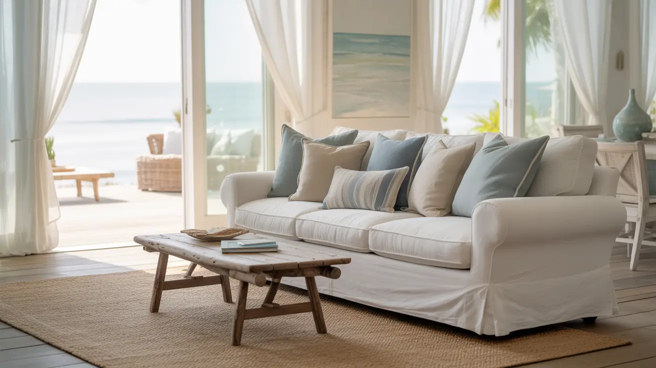 Stylish coastal living room with light furniture, natural textures, and soft beach-inspired colors