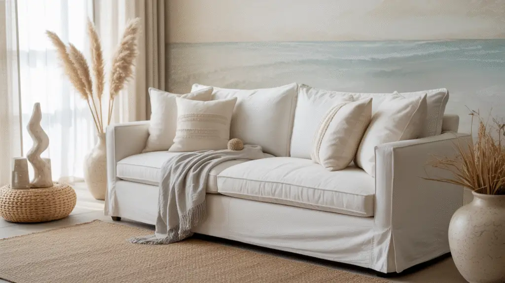 a-photograph-of-a-bright-and-airy-living_71K7eS6_Q7utP21aZ5AV8g_r9BEjM0JQ1icFTYK7vBDAg Living room with light blue accent wall, white linen sofa, driftwood coffee table, and seashell decorations.
