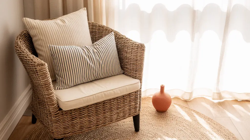 a-photograph-of-a-cozy-living-room-corne_ajWi_m_XTseuJRLJ8qnXRA_R_UjBe66QcCa_2gK4cbRJg Rattan chair with striped pillow, jute rug, driftwood sculpture, and coral décor piece.