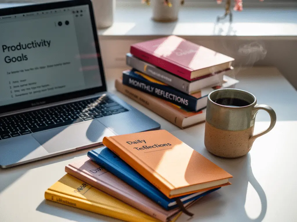 a-photograph-of-a-flat-lay-arrangement-f_4mNkNnEnRWGxCcotkS99oA_rIz3d7rLSZ6aCw_xrU8YNw Digital products including journals and planners on a workspace.