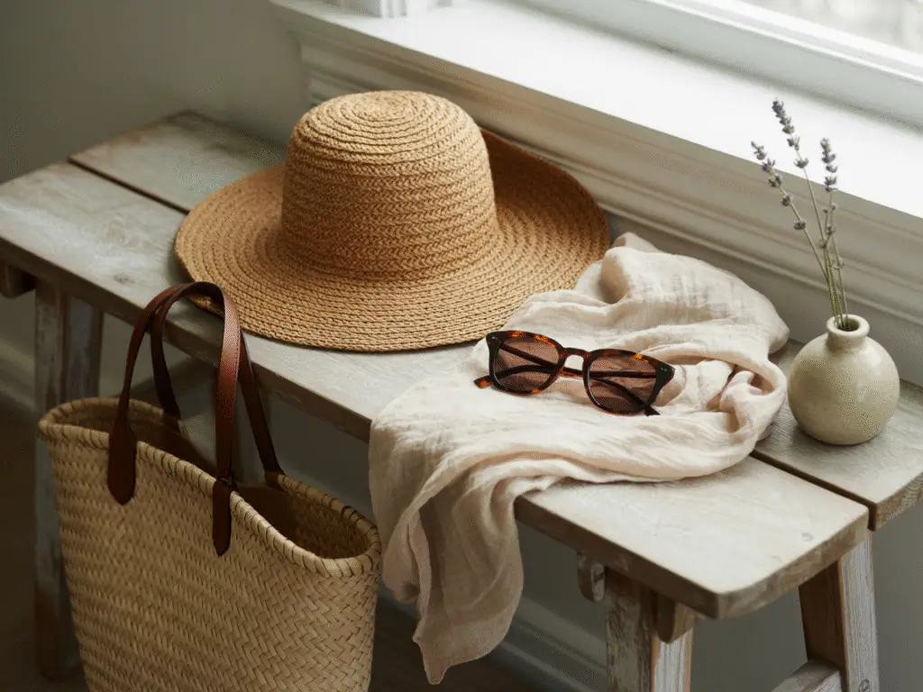 a-photograph-of-a-flat-lay-arrangement-o_FK9XH3uZRZGURgbymBe7pA_jY1CvE5SROmJq26MN8NEmg side table to with hat and glasses