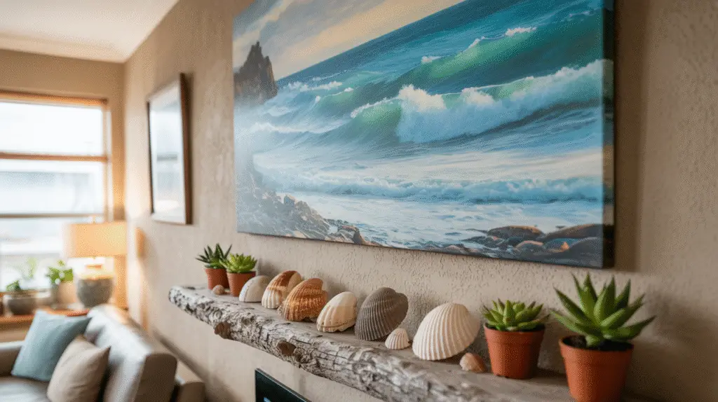a-photograph-of-a-living-room-wall-featu_8FQUKB4OTGGKJVmr96tBKA_bNDQIm4PTjmPS0y7I4Q8pQ Large framed ocean painting above a driftwood shelf holding shells and succulent plants.